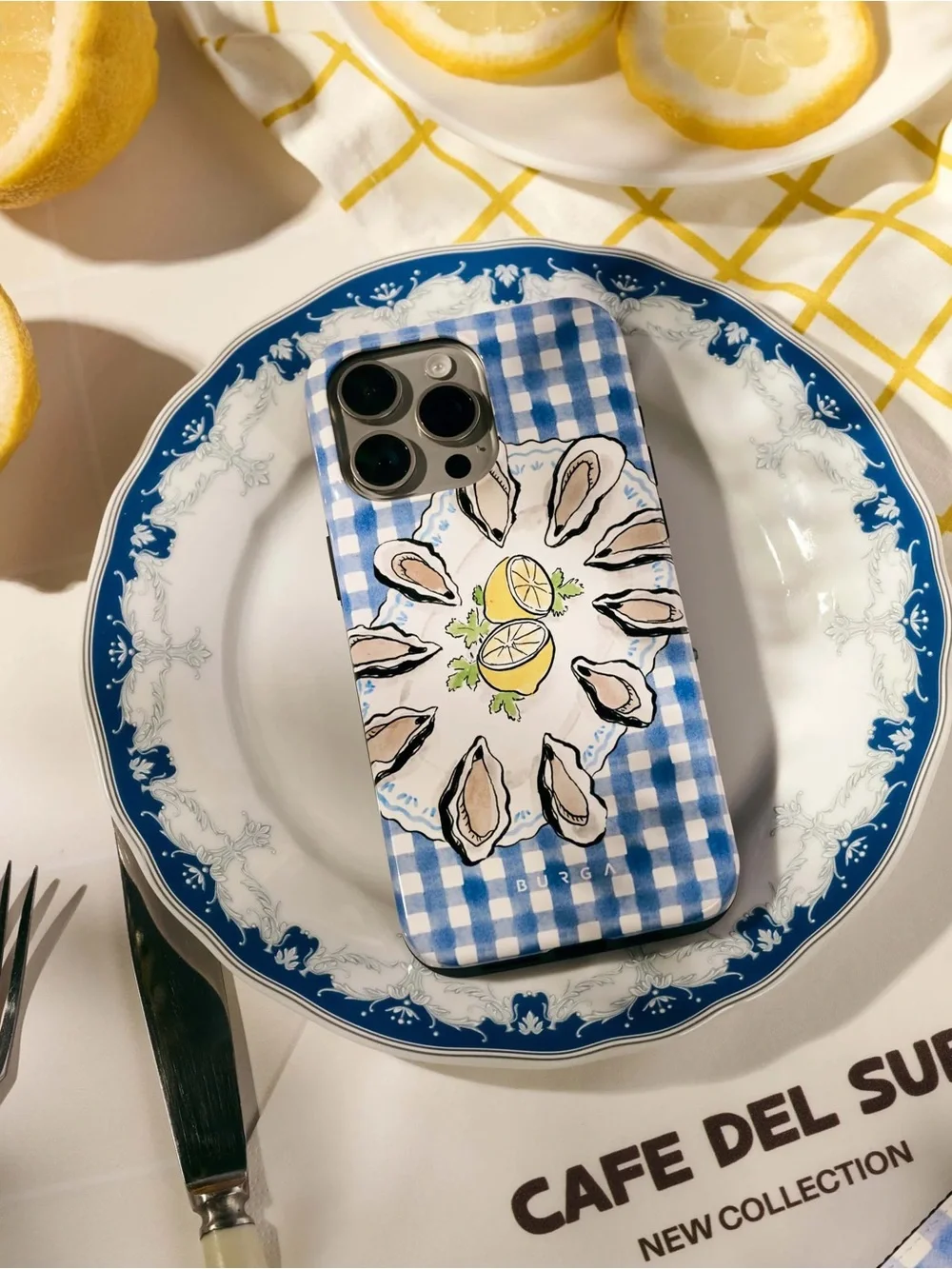 Burga Blue Gingham Oyster & Lemon iPhone Case. iPhone 14 Pro Case 🌊